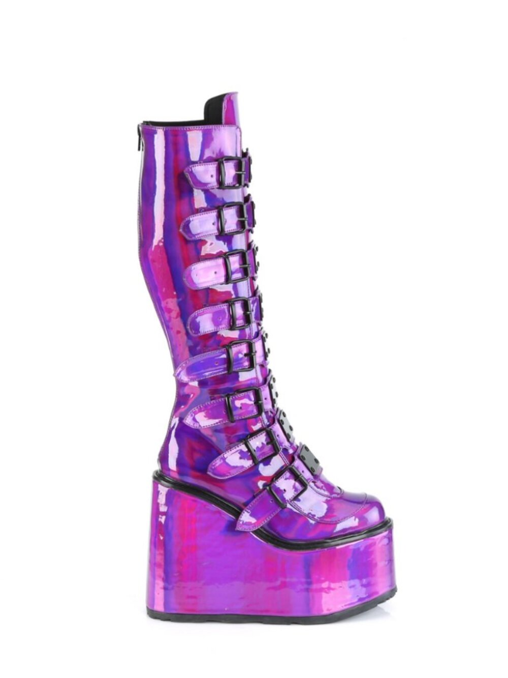 Purple Holographic Pat Knee High Boots with 8 Buckle Straps